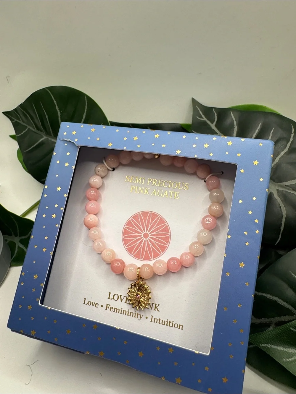 Semi-Precious Pink Agate Beaded Stretch Bracelet with Gold-Tone Charm (BR222BN)
